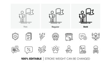 Hayvan dostu, stres ve güneş koruma hattı ikonları. Kuluçka makinesi paketi, rapor, indirimli mesaj simgesi. Teslimat kamyonu, Şimşek şimşeği, dağıtım piktogramı. Uçuş sigortası, kimyasal tehlike. Vektör