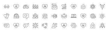 Benim ol, Friends çifti ve Heart Line ikonları. Friends topluluğu, erkek kadın, dahil etme ikonu. Web aşkı, Heart Hold Heart, Love Night Pictogram. Evet de, Lgbt, Eşitlik. Atom. Satır simgeleri. Vektör
