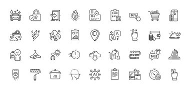 Kaynama tavası, alışveriş arabası ve QR kod kodları. Al, Soru ve Cevap, Harita iğne simgeleri. Dokunmatik ekran jesti, yavaş moda, kara para web simgesi. Vektör