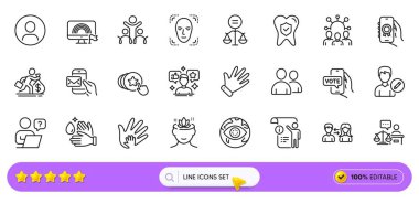 Siber saldırı, çevrimiçi oylama ve web uygulaması için manuel dok çizgisi simgeleri. Online soru paketi, mahkeme yargıcı, kullanıcılar resim simgeleri. Kalbini tut, Maaş, Yoga zihin işaretleri. İçerik, vesikalık. Vektör