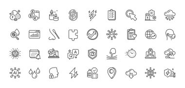 Karbondioksit gazı, su geçirmez ve web sitesi istatistik çizgisi simgeleri paketi. Al, Soru ve Cevap, Harita iğne simgeleri. Denetleme, Teletıp, Araba Şarj Eden Web simgesi. Vektör