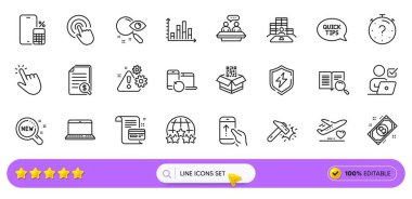 Web uygulaması için arama metni, Diyagram grafiği ve Finansal belge satırı simgeleri. Tıbbi uçuşlar, Arama, yeni ürünler resim simgeleri. Derecelendirme yıldızları, QR kodu, Bitcoin işaretleri. Sınav. Arama barı. Vektör