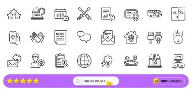 Bilgisayar kabloları, otobüs turu ve web uygulaması için iş hattı simgeleri. Muhasebe raporları, evde çalışma, sağlık uygulaması ikonları. Reddetme mektubu, insan fikri, sertifika işaretleri. Arama barı. Vektör