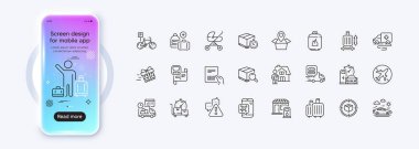 Gıda teslimatı, havaalanı transferi ve web uygulaması için mevcut dağıtım hattı simgeleri. Telefon modelleme gradyan ekranı. Bagaj boyutu, uyarı, metro haritası simgeleri. Vektör