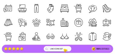 Yastık, Çorap ve Yastık web uygulaması için ikonlar. Online alışveriş paketi, TV standı, Pants resim ikonları. Alıcılar, alışveriş reytingleri, indirimli çantalar. İndirim teklifi, el çantası yok, alıcı. Vektör