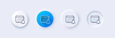 Notification bell line icon. Neumorphic, Blue gradient, 3d pin buttons. Calendar sign. Event reminder symbol. Line icons. Neumorphic buttons with outline signs. Vector