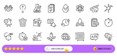 Güvenli zaman, kimyasal formül ve web uygulaması için fikir ikonları. Zaman yönetimi paketi, dermatolojik testler, karbondioksit ikonları. Dağıtım, kimya laboratuvarı, eko güç işaretleri. Arama barı. Vektör