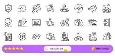Uyarı, benzin istasyonu ve web uygulaması için teslimat zaman çizelgesi simgeleri. Bir paket teslimat zamanlayıcısı, hava balonu, ulaşım sigortası ikonları. Bisiklet parkı, paket kutuları. Arama barı. Vektör