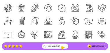 Web uygulaması için Zamanlayıcı ve Eşitlik satırı simgelerini inceleyin. Kurtarma verileri, hesap makinesi, ikilik kod ikonları. Kalp atışı, benzin istasyonu, çekici işaretler. Arkadaşını kastet. Arama barı. Vektör