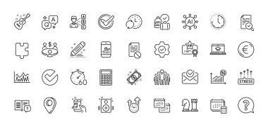 Takvim, Hesap ve Zamanlayıcı satır simgeleri paketi. Al, Soru ve Cevap, Harita iğne simgeleri. Zaman yönetimi, teftiş, ödeme web simgesi. Zaman, stres artar, kullanım kılavuzu resimtogramı. Vektör