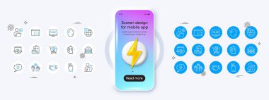 E vitamini, sahte haberler ve Court yapı çizgisi simgeleri. 3D enerji ikonlu telefon modeli. El sıkışma paketi, alışveriş arabası, online depolama ikonu. Oylama elleri, Seo mesajı, enerji grafiği. Vektör