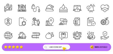 Metodoloji, Bilgi Çanı ve web uygulaması için ön sipariş ikonları. Çevre Günü paketi, kan bağışı, harita ikonları. Eşyaları paketleme, güvenlik ajansı, telefon koruma işaretleri. Vektör