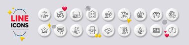 Swipe up, 24h service and Divider document line icons. White buttons 3d icons. Pack of Rule, Bid offer, Charging station icon. Approved, Wholesale goods, Security lock pictogram. Vector clipart