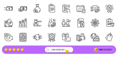 Web uygulaması için enflasyon, para transferi ve döviz hattı simgeleri. Bir paket ödeme, indirim etiketleri, nakit resim ikonları. Dolar parası, Deflasyon, hediye kartı tabelaları. Grafik çizelgesi, 24 saat. Vektör