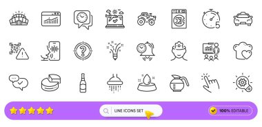 Web uygulaması için taksi, Qr kodu ve Pie çizelgesi simgeleri. Sunum paketi, Arena Stadyumu, bira şişesi piktogram ikonları. Beyin çalışıyor, zamanlayıcı, uçak yolculuğu işaretleri. Kahve kabı, sesli mesaj. Vektör