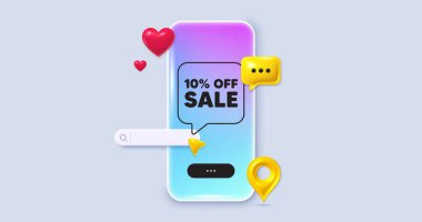 Sosyal medya telefon uygulaması. İndirim% 10. Promosyon fiyatı tabelası. Satış rozeti sembolü. Sosyal medya arama çubuğu, üç boyutlu sohbet simgeleri gibi. İndirimli mesaj. Vektör