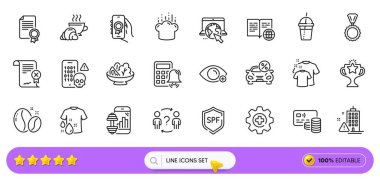Delege sorusu, Temiz tişört ve web uygulaması için tıp çizgisi simgeleri. Bir paket kahve çekirdeği, siber saldırı, Fitness uygulaması piktogram ikonları. Spf koruması, internet, madalya işaretleri. Arama barı. Vektör