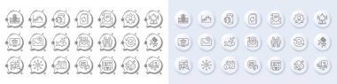 Bitcoin atm, Update document and Candlestick graph line icons. White pin 3d buttons, chat bubbles icons. Pack of Fish, Employees teamwork, Calendar icon. Brand, New mail, Web shop pictogram. Vector clipart