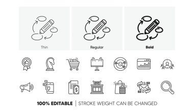 Strateji, geri bildirim ve reklam ajansı. Pazarlama, araştırma çizgisi simgeleri. İş stratejisi doğrusal simge seti. Satır simgeleri ayarlandı. Vektör
