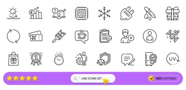 Kahve, işlemci ve web uygulaması için fırça hattı simgeleri. Çevrimiçi soru paketi, Kimya DNA 'sı, Güneş koruması resim simgeleri. Yaz, tatil alışverişi, kimya pipeti işaretleri. Arama barı. Vektör