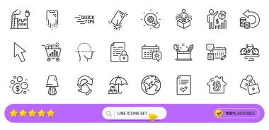 Bisiklet, Seo alışverişi ve web uygulaması için Döndürme Jest Hattı simgeleri. Bir paket nakit, parmak izi erişimi, Seo istatistikleri resim simgeleri. Artırılmış gerçeklik, Kilit, İnovasyon işaretleri. Arama barı. Vektör