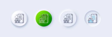 Emlak ajansı çizgi ikonu. Neumorfik, yeşil gradyan, 3 boyutlu iğne düğmeleri. Emlak uygulaması tabelası. Emlakçı hizmet sembolü. Satır simgeleri. Taslak işaretli neumorfik düğmeler. Vektör