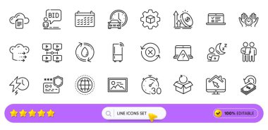 Web uygulaması için Anket, Ürün Geliştirme ve Takvim çizgisi simgeleri. Dosya depolama paketi, Cashback, ev resimli resim ikonları. Globe, Ödeme Koruma, Video konferans tabelaları. Arama barı. Vektör