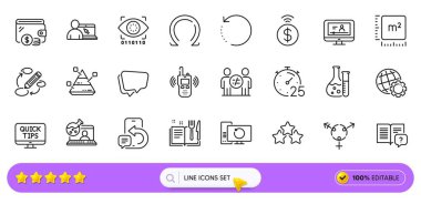 Zamanlayıcı, Telefon Mesajı ve Sıralama Yıldızları web uygulaması için simgeleri. Bir paket verici, anahtar kelimeler, cüzdan resimli resim simgeleri. Küre, kullanma kılavuzu, Omega işaretleri. Kimya laboratuarı, kurtarma verileri. Vektör