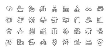 Bra, Skirt and Clean t-shirt line icons pack. AI, Question and Answer, Map pin icons. Wallet money, Shoes, Hoody web icon. Buyer, Cut, Wallet pictogram. Travel delay, Buyers, Hot offer. Vector clipart