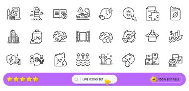 Yeni ev, Strateji ve Dizel kutular web uygulaması için simgeler. Açık kapı paketi, şarj zamanı, kat planı simgeleri. Gökdelen binaları, İmdat, CO2 işaretleri. Mühendislik ekibi. Vektör