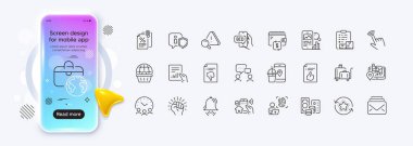 Kalkan, buluşma zamanı ve web uygulaması için GPS çizgisi simgeleri. Telefon modelleme gradyan ekranı. Cüzdan Paketi, Belge, Onaylanmış Belge Resim Simgeleri. Vektör