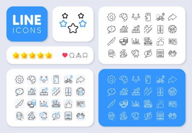 Bıçak, Anket sonuçları ve web uygulaması için Global iş hattı simgeleri. Mesaj, Paylaş, sosyal medya simgeleri gibi. Şarj uygulaması, Gece Şehri, Telif Hakları sohbet simgeleri. Vektör