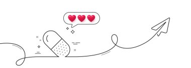 Capsule pill line icon. Continuous line with share plane. Medical drugs sign. Pharmacy medication symbol. Hearts rate review in speech bubble. Capsule pill single line ribbon. Vector clipart