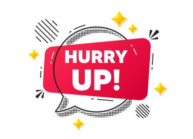 Acele et, satılık konuşma balonu. Sosyal medya konsepti. Acele et, satış etiketi. Özel teklif işareti. Reklam indirimleri sembolü. Kırmızı sohbet mesajı. Konuşma balonu teklif et. Parlak 3D yıldızlar. Vektör