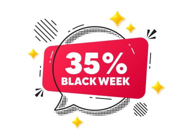 Kara hafta sohbet balonu. Sosyal medya konsepti. Kara hafta% 35 indirim. Özel indirim tabelası. Kara Cuma teklif sembolü. Kırmızı sohbet mesajı. Konuşma balonu teklif et. Parlak 3D yıldızlar. Vektör