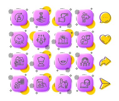 Buluşma zamanı, Kullanıcı Bildirimi ve İş yolu simgeleri. Uygulama 3d düğmeleri. Sosyal medya yorumları, paylaşım, ikonlar gibi. Bitcoin projesi paketi, teslimatçı, teknik belge ikonu. Vektör