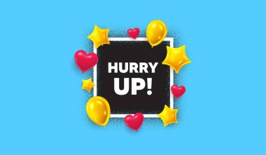 Acele et, fotoğraf çerçevesi afişi. Kare resim çerçevesi. Acele et, satış etiketi. Özel teklif işareti. Reklam indirimleri sembolü. Kalpler ve yıldızlar olarak üç boyutlu balonlar. Vektör