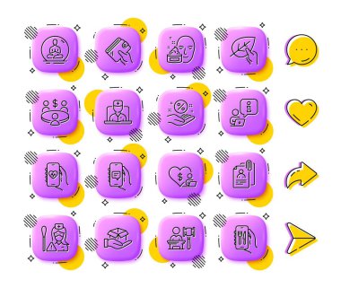 Açık arttırma, Röportaj ve Yüz kremi simgeleri. Uygulama 3d düğmeleri. Sosyal medya yorumları, paylaşım, ikonlar gibi. Bir paket Yoga, Cüzdan, Sohbet uygulaması simgesi. Teletıp, gönüllü, hemşire resimli mesajı. Vektör