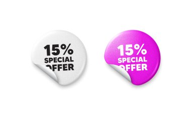 İndirim etiketleri. Parlak kağıt fiyatlı rozet. Yüzde 15 indirim teklif etiketi. İndirimli reklam tabelası. Özel teklif sembolü. Yuvarlak çıkartma teklif et. Reklam afişi. Vektör