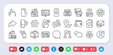 Akıllı telefon kurtarma, bilgisayar faresi ve favori satır simgeleri paketi. Sosyal medya: paylaşım, yorum, ikonlar gibi. Sadakat programı, Lock, Ayarlar şablon web simgesi. Vektör