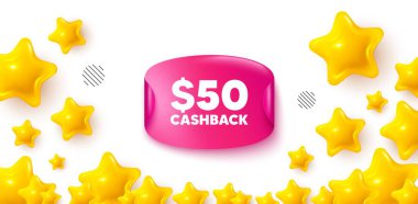 Nakit para etiketi yıldız afişi. 3d yıldızlı arka plan. 50 Usd nakit. Para iadesi tabelası. Reklam sembolünü geri al. Kazanan ışıltılı bayrak. Tanıtım geçmişi. Vektör