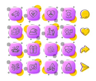 Gizli hediye, bisikletin ilgisi ve güneş koruma hattı simgeleri. Uygulama 3d düğmeleri. Sosyal medya yorumları, paylaşım, ikonlar gibi. Balayı seyahati, Yolculuk, Bulmaca ikonu. Vektör