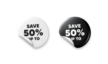 İndirim etiketleri. Parlak kağıt fiyatlı rozet. Yüzde 50 'ye kadar para biriktir. İndirim indirimi fiyat tabelası. Özel teklif sembolü. Yuvarlak çıkartma teklif et. Reklam afişi. Vektör