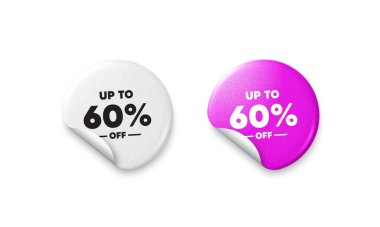 Etiket etiketleri indirimli. Parlak kağıt fiyatlı rozet. % 60 'a kadar indirimli. İndirimli fiyat tabelası. Özel teklif sembolü. Yüzde 60 tasarruf et. Yuvarlak çıkartma teklif et. Reklam afişi. Vektör