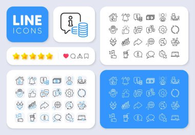 Web uygulaması için bilgi, konuşma balonu ve hatırlatıcı satır simgeleri. Mesaj, Paylaş, sosyal medya simgeleri gibi. Bir paket arama, iç çamaşırı, ev resimli resim ikonları. Vektör