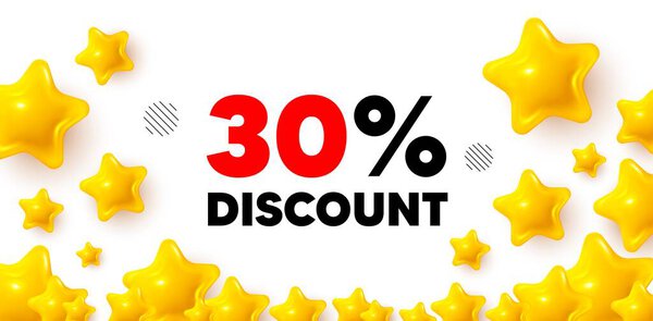Знамя победителя со скидкой с 3d звездами. Знамя золотых звёзд. 30% скидка. Продажи предлагают ценовой знак. Символ специального предложения. Обзор ставки фоновой. Вектор