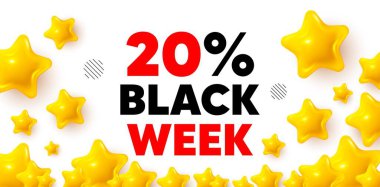 Siyah hafta ödüllü, 3D yıldızlı afiş. Altın yıldızlı pankart. Kara hafta yüzde 20 indirimli. Özel indirim tabelası. Kara Cuma teklif sembolü. Oran arkaplanını gözden geçir. Vektör