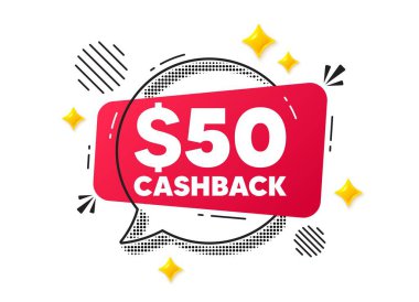 Cashback sohbet balonu. Sosyal medya konsepti. 50 Usd nakit. Para iadesi tabelası. Reklam sembolünü geri al. Kırmızı sohbet mesajı. Konuşma balonu teklif et. Parlak 3D yıldızlar. Vektör