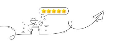 Teslimatçı çizgisi ikonu. Paylaşım düzlemiyle aralıksız çizgi. Kurye konumu işareti. Sipariş teslim sembolü. Konuşma balonunda beş yıldızlı değerlendirme. Teslimatçı tek çizgi kurdelesi. Vektör