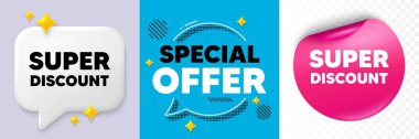 Süper indirimli konuşma balonu. 3D Pırıltı Sohbeti, kağıt çıkartması. Süper indirim etiketi. Satış tabelası. Reklam indirimi sembolü. Özel teklif balonu. Yarım ton noktalar deseni. Vektör